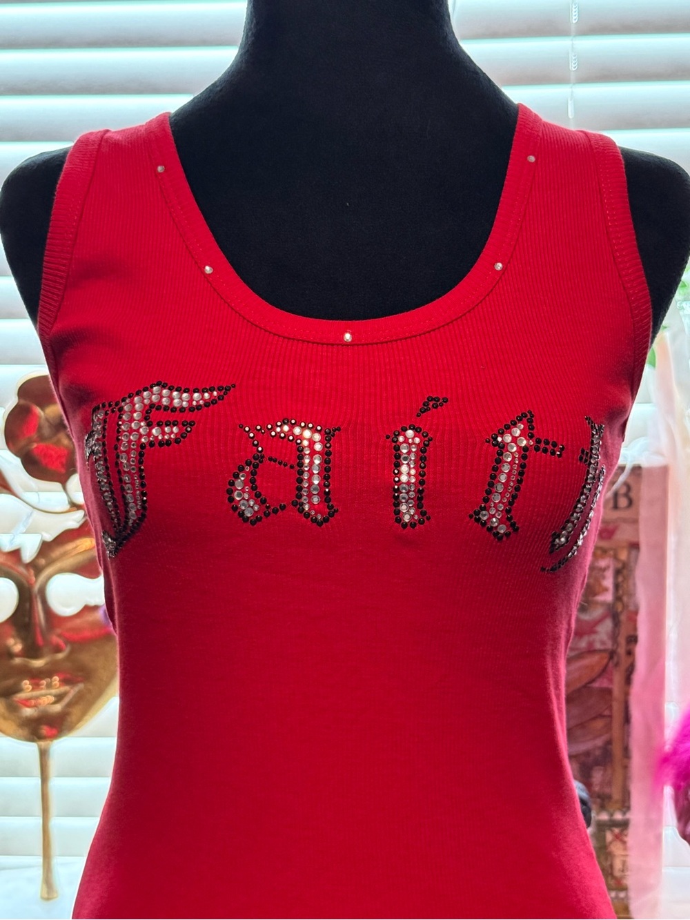 Red rhinestone Studded 'Faith' Ribbed Tank
